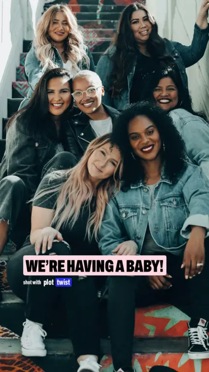 A frame of the edited reel: the group, with the caption We’re having a baby!